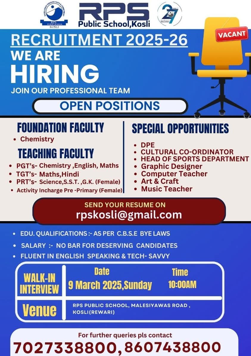 School Jobs at  RPS Public School, Kosli ,  Rewari